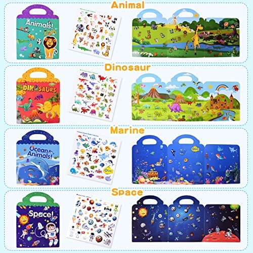 FORMIZON Cahier D'autocollants, Lot de 4 Livres D'autocollants Réutilisables pour Enfants, Animaux de L'océan et Dinosaures Livres D'autocollants Amovibles pour Tout-Petits, pour 2 à 6 Ans