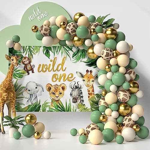 Kit Arche Ballon avec toile de fond, Decoration Anniversaire 1 an, Jungle Decoration Anniversaire Fille Garcon, kit anniversaire Garcon pour Jungle Safari Anniversaire jungle