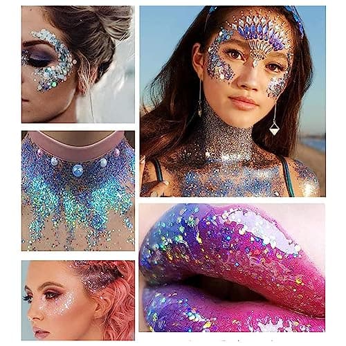 XoeLLe Gel Paillettes Visage, 3 Couleurs Body Glitter Gel Sirène, Gel Paillettes Corps Longue Durée Mermaid Sequins, Paillette Chunky Glitter Maquillage pour Musical/Party/Masquerade/Visage/Cheveux(B)
