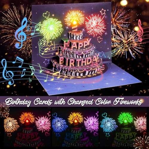 Carte d'anniversaire avec Musique et Lumière, Carte Anniversaire Fille 3D Pop Up Cadeaux Joyeux Anniversaire pour Femme, Homme, Enfant (multicolore)