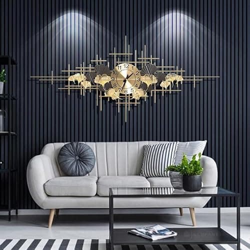 SYLUOQP Pendules Murales Art métal Horloge Murale Grande, Or Mur De Design Moderne Horloge pour Le Salon Creative Horloge Murale Silencieuse Decoration D'interieur -140X70CM