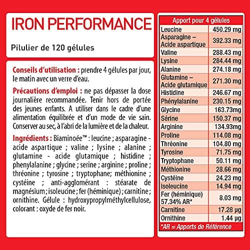 IRON PERFORMANCE Complexe Bioaminoée® - Booster Musculation, Oxygenation du Sang - Dipeptides 22 Acides Aminés + Fer Héminique - 120 Gélules - Laboratoire Français Eric Favre
