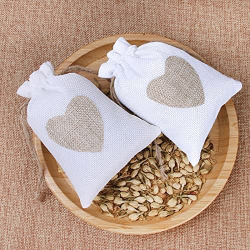 VEGCOO 24Pcs Motif de Coeur Sachets en Toile de Jute Pochettes 10 * 14CM, pour Dragees Mariage pour Bonbons Adeaux Cadeau Baptême Anniversaire Noël Petit (Blanche)