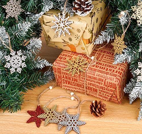ilauke Flocons de Neige en Bois de Noël Ornement,24Pcs Artisanat en Bois de Flocon,6 Styles Deco Noël Bois Flocon avec Ficelle de Chanvre,Suspension Noël en Bois pour Décoration de Fête d'hiver-7cm
