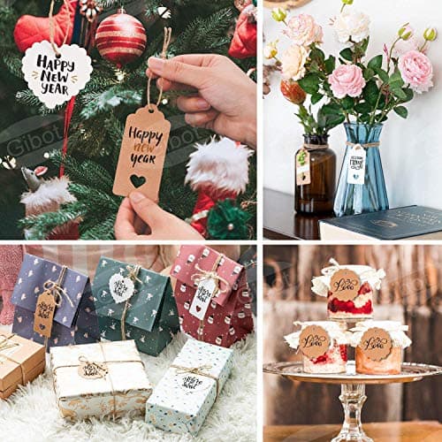 Étiquette cadeau 200PCS étiquette en papier kraft de brun et blanc,Étiquettes vierges en rectangulaire en forme de cœur de ronde,étiquette pour mariage cadeau Noël party,30m Ficelle de jute
