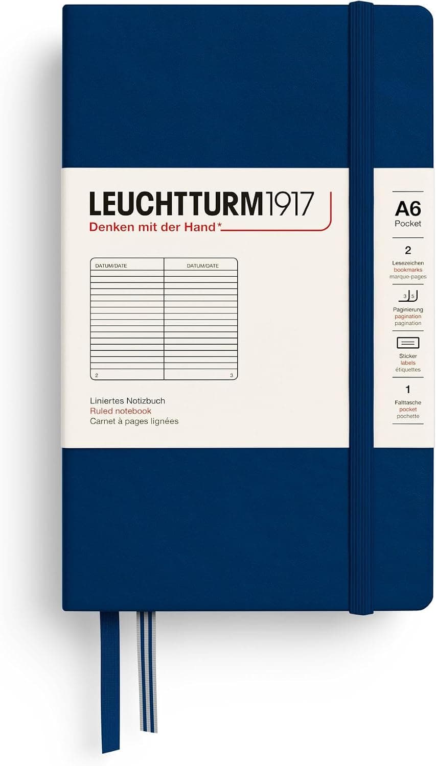 Leuchtturm1917 342918 Carnet Pocket A6 Ligné 185 pages numérotées Bleu marine