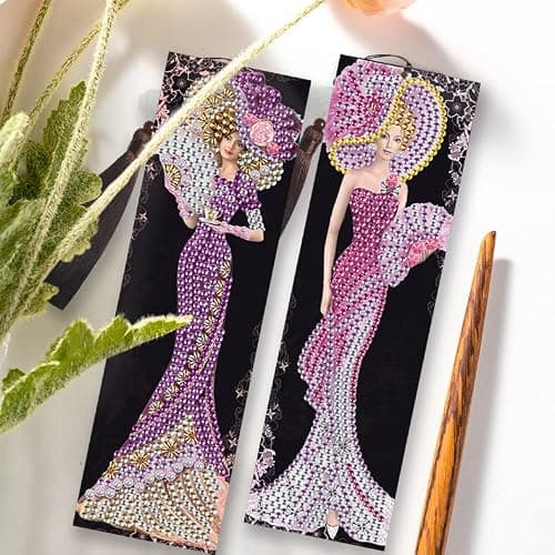 DCIDBEI Diy Diamond Painting Signets, Marque-page Lot 2 kit de Broderie Diamant,Diamond Art Surprise Tableau Kit Diamant Cadeau pour Anniversaire Noël(Femme Dame en Robe Violet et Rose)