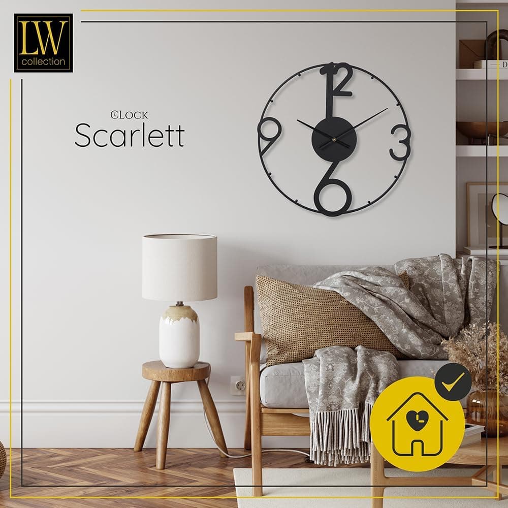 LW Collection Grande Horloge Murale Scarlett Noir 60 cm - Industrielle en Métal - Moderne - Mouvement Silencieux