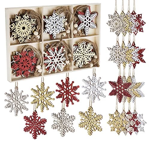 ilauke Flocons de Neige en Bois de Noël Ornement,24Pcs Artisanat en Bois de Flocon,6 Styles Deco Noël Bois Flocon avec Ficelle de Chanvre,Suspension Noël en Bois pour Décoration de Fête d'hiver-7cm