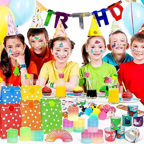 80 Pièces Kit Cadeau Anniversaire Enfants Invites - Sac Mixte Assortiment Jouet Prix du Trésor pour Fille Garçon(spirales arc-en-ciel,Porte-clés,Tatouage)