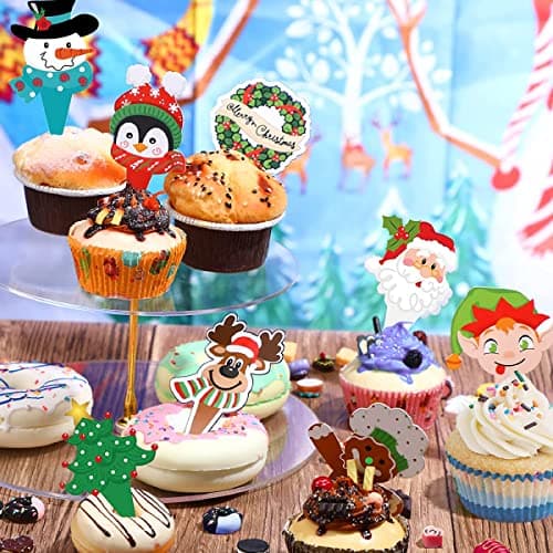 96 Pièces Décoration de Gâteau de Noël,Deco Gateau Noel,Sapin de Noël Gingerbread Men Père Noël Bonhomme de Neige Renne Elfe Pingouin Guirlande de Noël Décorations de Gâteaux de Noël,Cupcake Toppers