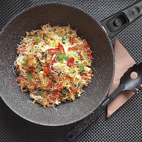 STONELINE Flex Poêle Wok 30 cm, Made in Germany, avec Poignée Amovible, Revêtement Antiadhésif avec de vraies particules de pierre, Compatible à l'Induction et au Four