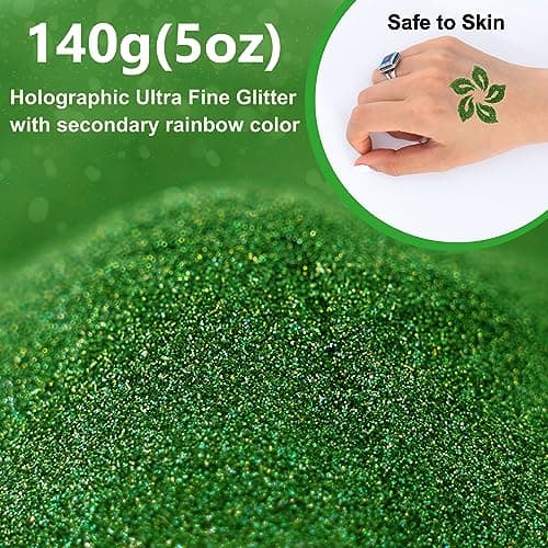 Vert Paillettes Ultra Fines, 140g en Résine Paillettes Métallique pour époxy, Gobelets, Bougies, Arts de la Peinture, Cheveux, Visage, Corps, Yeux, Nail art, Festival