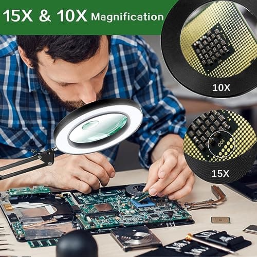 Lampe de Bureau Loupe 10X 15X et LED, Lampe Loupe sur Pied avec 3 Modes de Couleurs et 10 Niveaux de Gradation, Lampe Eclairante avec Bras Pivotant Réglable pour Lire et Travailler