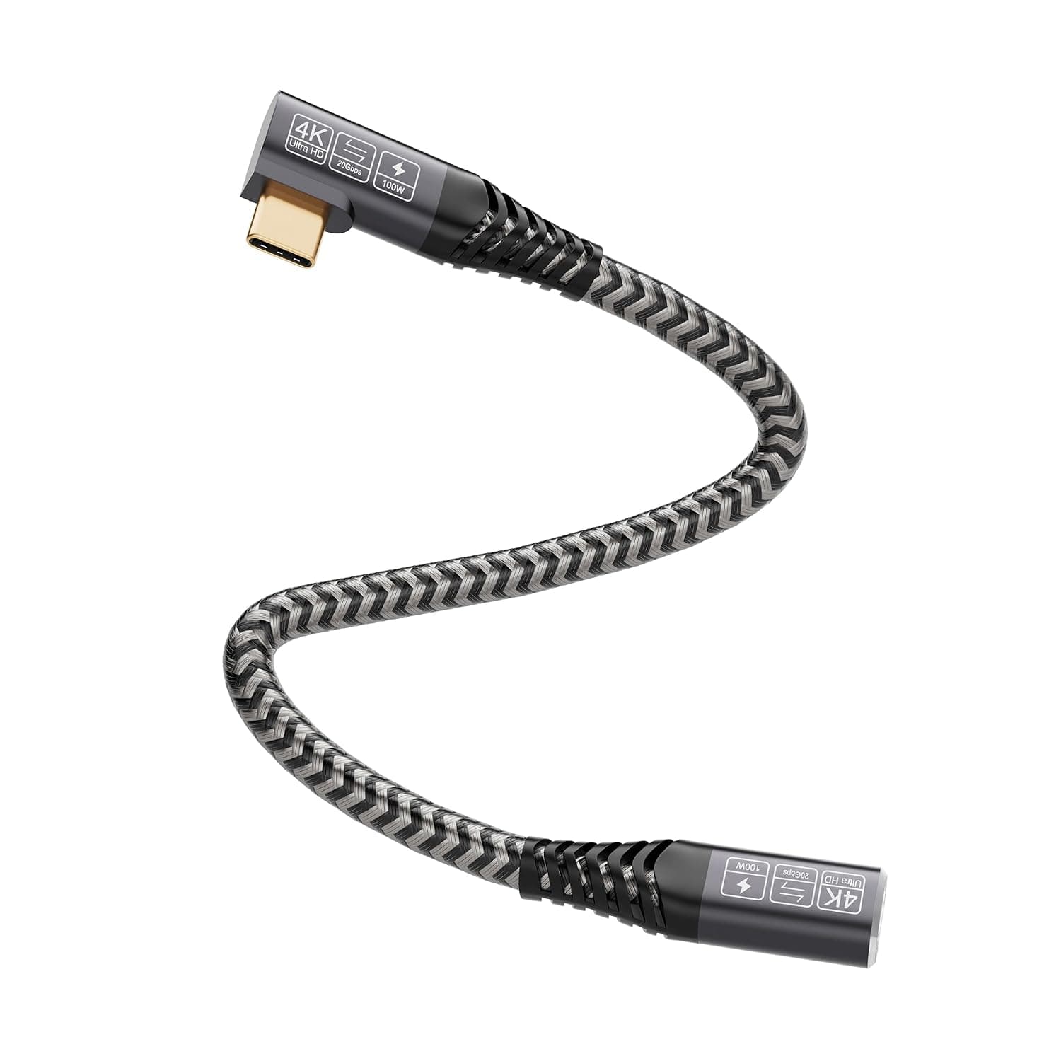 CAKOBLE Rallonge USB-C 3.2 Gen2 20Gbps 100W/5A - Câble Coudé 25cm Compatible avec Hub, Dell XPS, Chargeur - 4K@60Hz