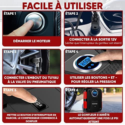 FORTEM Gonfleur Pneus Voiture, Compresseur à Air, Pompe à Vélo, Compresseur Voiture Électrique 12V – Compresseur Portatif Vélos avec Lumière LED, Jauge Numérique et Pompe/Arrêt Automatique (Rouge)