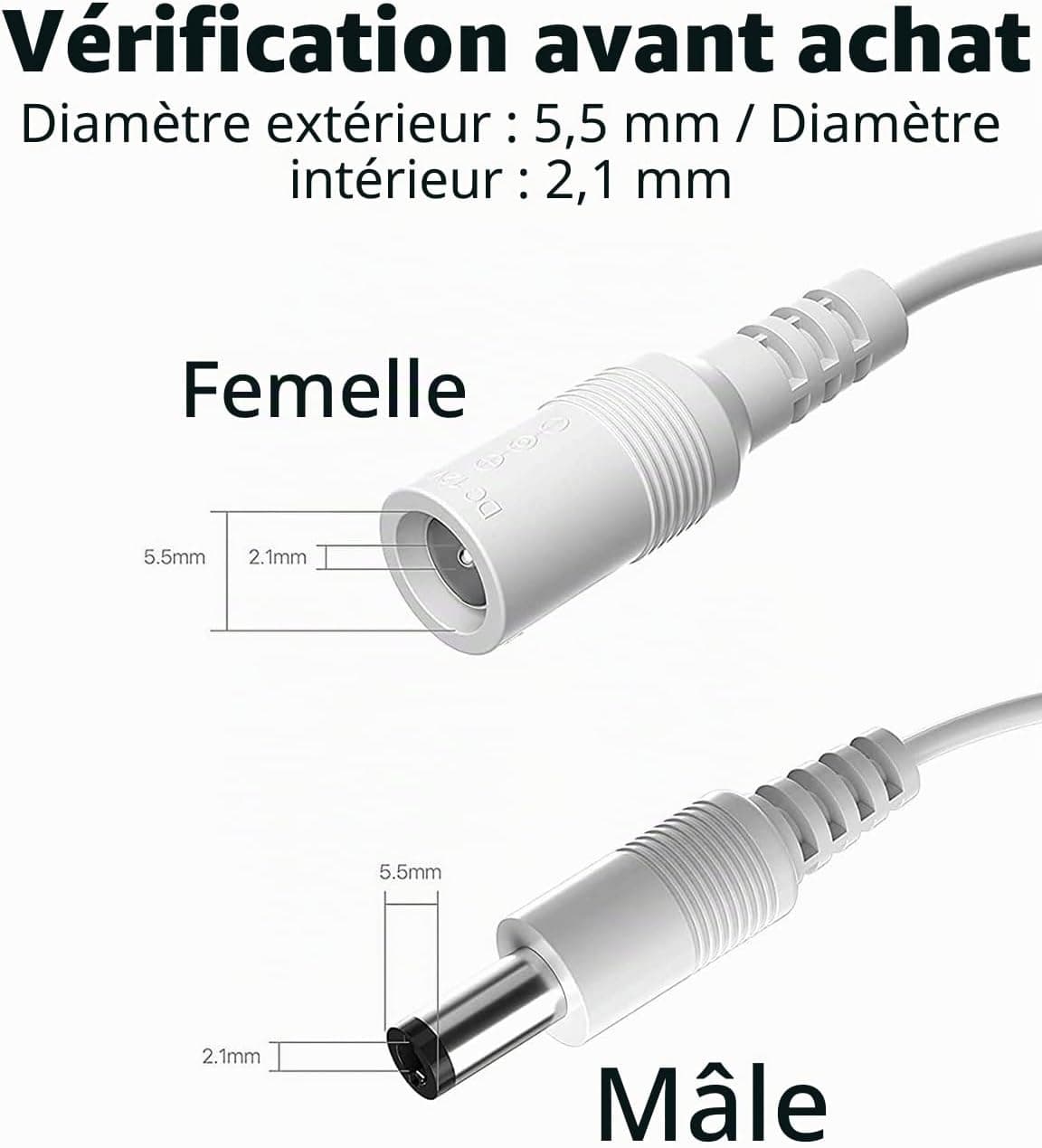 Lonnky 12V 3 Mètre Câble D'Extension LED, Compatible avec TAPO C110, Reolink, TP-Link, Caméras Smallrig, Caméras IP, Lumières LED Govee, Et DVR, 5.5 x 2.1 mm, Femelle À Mâle Connecteur - Blanc