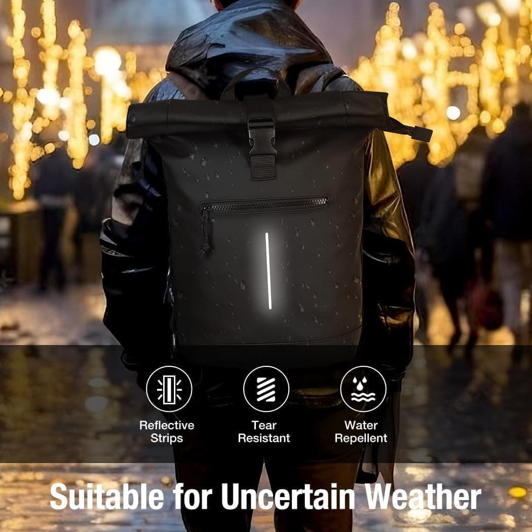 Lekeinchi Sac à Dos Rolltop Elegant Homme Femme Portable PC 17 Pouces, Noir | Imperméable, Rains Sac à Dos avec Bandes Réfléchissantes, Sac à Dos de Voyage Extensible Décontracté Travail College