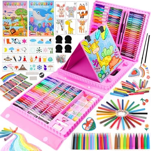 GOLDGE Malette Dessin Enfant Crayon de Couleurs, 230+ ièces Coloriage Kit Dessin, Cadeau Fille 3 4 5 6 7 8 9 10 ans, Jouet Fille 3-10 ans avec Pastels à L'Huile, Crayons De Couleur, Stylos Aquarelle