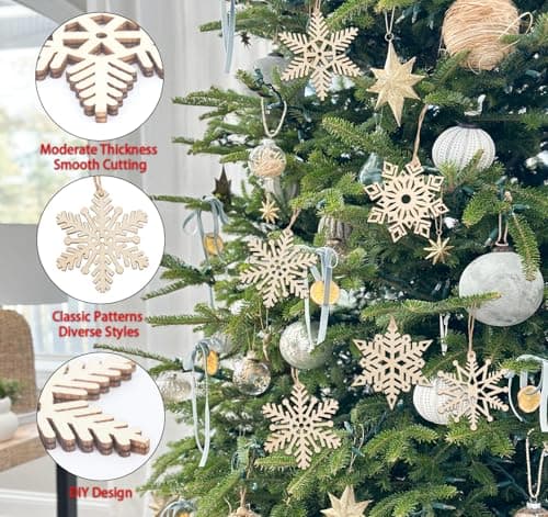 ilauke 24pcs Decoration Sapin de Noel en Bois 7x8cm,Flocons de Neige en Bois Decoration avec Boîte en Bois,6 Styles Ornements en Forme de Flocon de Neige en Bois de 3mm D'épaisseur pour Noël,Mariage