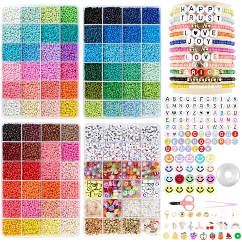 WAREHOUSE 48000 Stück 3mm Glasperlen Sets, Perlen für Armbänder Pastell, Mini Perlenset Charm Kit DIY Perlen zum Auffädeln mit Bunte Buchstabenperlen für DIY Bracelet Making Kit. (couleur-4)