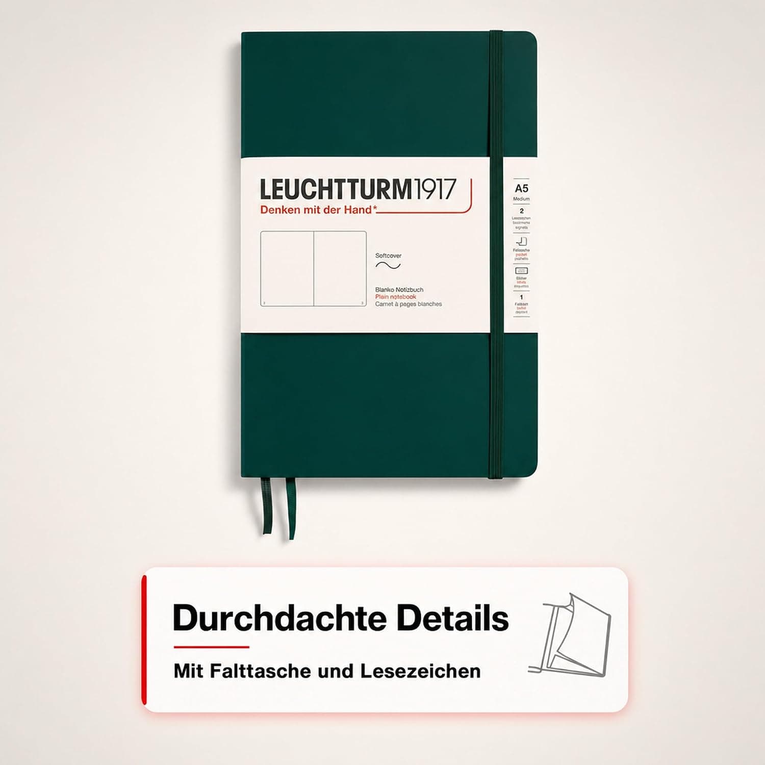 LEUCHTTURM1917 367268 Carnet de notes Medium (A5), Couverture souple, 123 pages numérotées, Forest Green, blanc