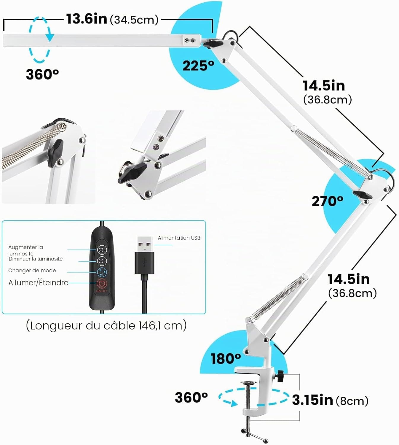 BIENSER Lampe de Bureau LED, 1100LM Lampe de Table avec Pince, 10 Niveaux de Luminosité X 3 Modes Réglables, Protection des Yeux, Fonction Mémoire, Lampe de Architecte pour Bureau, Lecture, Étude