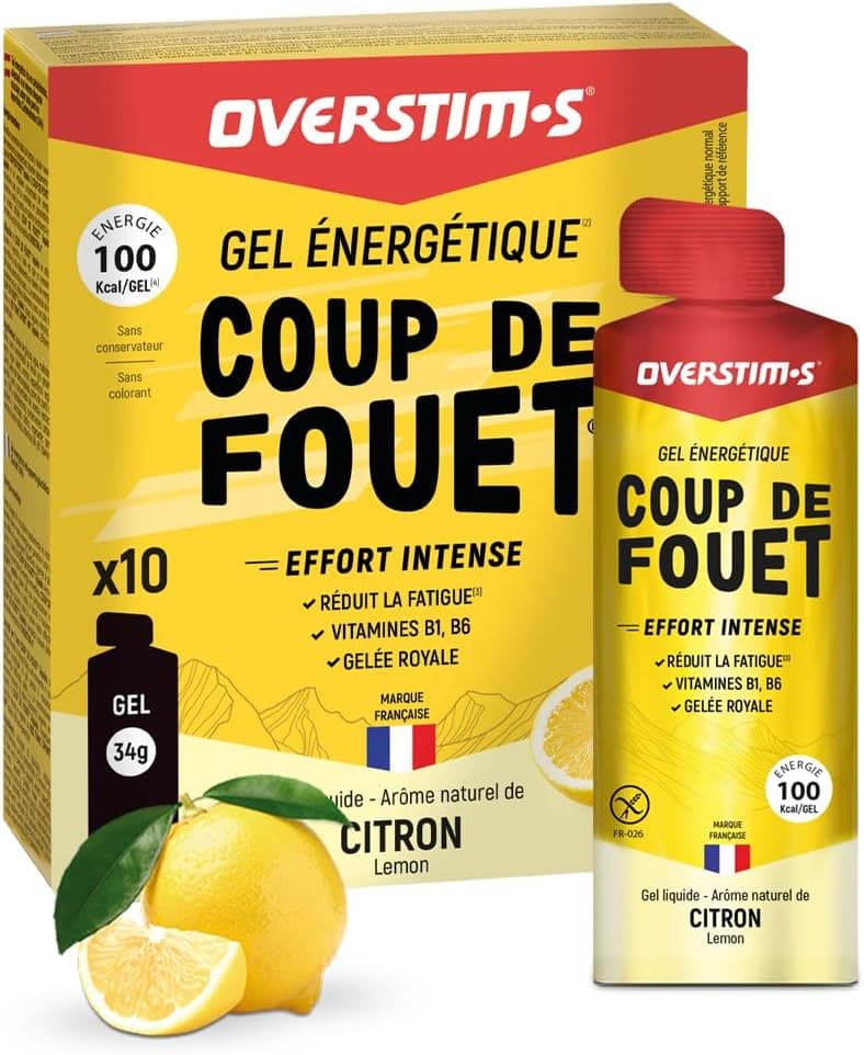 Overstim.s - Gel Coup de Fouet (10 sachets) - Gel énergétique pour le sport (vélo, course à pied...) - Energie instantanée - Efforts intenses et passages difficiles - 100 kcal/gel - Saveur Citron