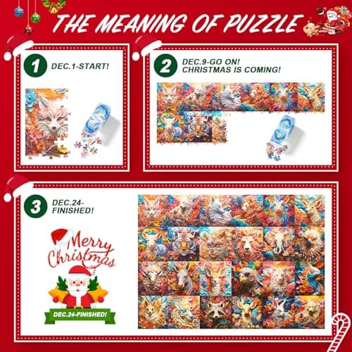 Calendrier de l'Avent Puzzle 2024, Puzzle en 3D pour Adultes et Enfants, Compte à Rebours de Noël sur 24 Jours, 24 Puzzles en Forme d'animaux, 1008 Pièces