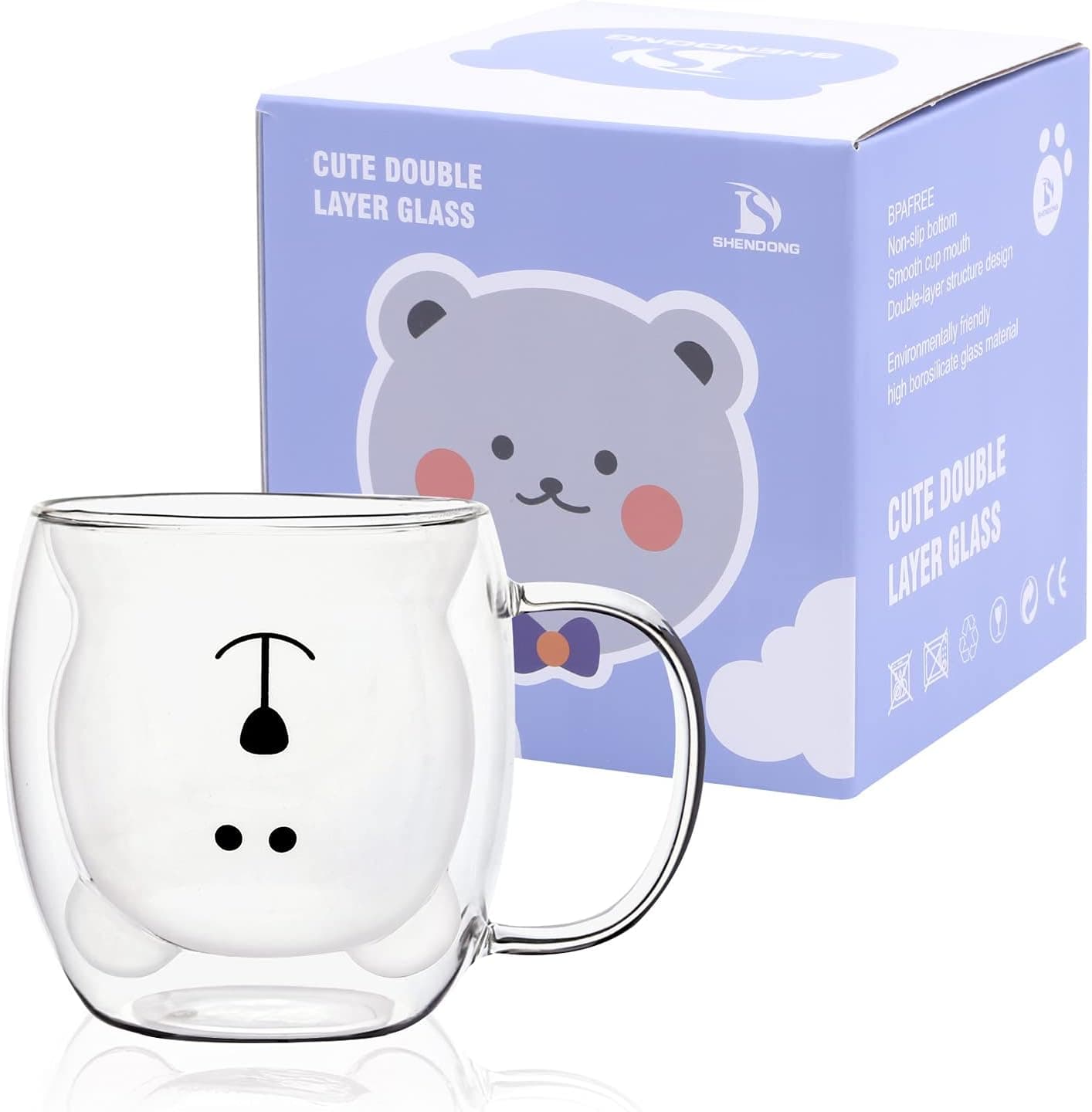 Tasses Ours Mignon Ours mignon de tasses Tasse à thé avec poignée Tasse à lait 250 ml Tasses à expresso en verre isolé à double paroi Verre Cadeau pour Anniversaire Saint Valentin et Bureau