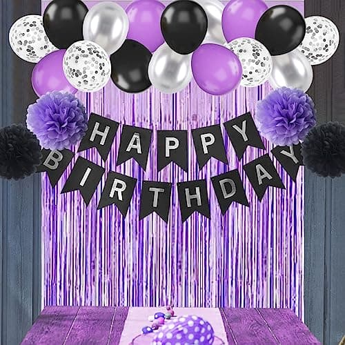 Décorations de fête de joyeux anniversaire noir violet et argent Fournitures de décoration de ballon avec bannière et rideau pour femmes hommes garçons filles 20th 30th 40th 50th 60th 70th Birthday
