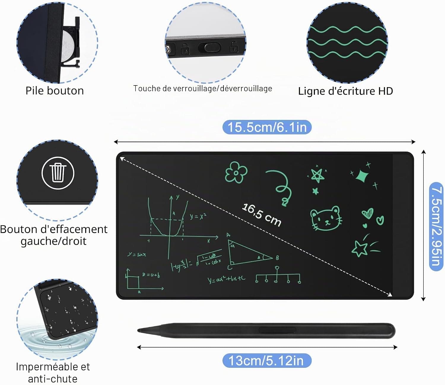 Tableaux D'écriture LCD pour Adultes, Czemo 6.5 Pouces Réutilisable Plein Ecran LCD Tableaux d'écriture avec Stylo Magnétique, pour Record Rapide, Bureau, Mémos, Arithmétique, Dessin, Noir