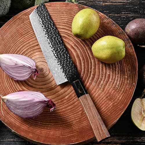 oFuun Couteau Japonais Damas, 18cm Couteau de Nakiri Professionnel, Couteau Cuisine en Acier à Haute Teneur en Carbone VG10, Manche en Bois de Rose et Coffret Cadeau