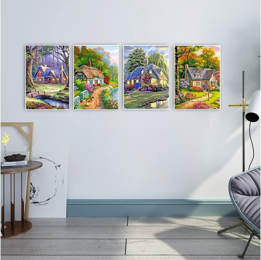 DCIDBEI Lot de 4 Peinture Diamant Paysage Adultes 40x50 cm Broderie Diamant Cottage aux Fleurs Tableau Diamant Kit Complet Adulte Diamond Painting Maison de Campagne