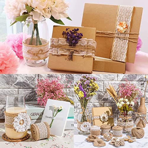 16 Pièces Ruban Dentelle,25M Toile Jute,Ruban Toil Jute,12M Ruban en Jute et 13M Dentelle,Rouleau de Jute,Ruban de Jute Naturel,Ruban Cadeau,Ruban Dentel pour Cadeaux Bricolage Deco Mariage Champetre