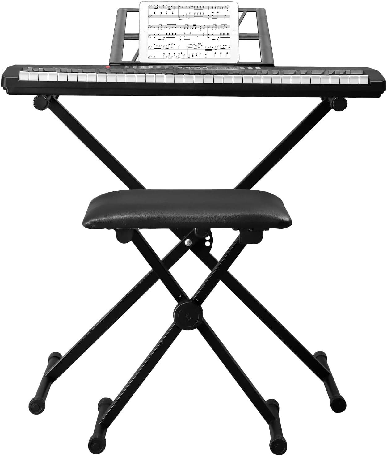 Bonnlo GEP-203 Clavier Piano 61 Touches avec Support & Tabouret de Piano, Haut-Parleurs Intégrés, Casque, Microphone, Pupitre, Écran LED, 3 Modes d'apprentissage pour Piano Débutants, Noir