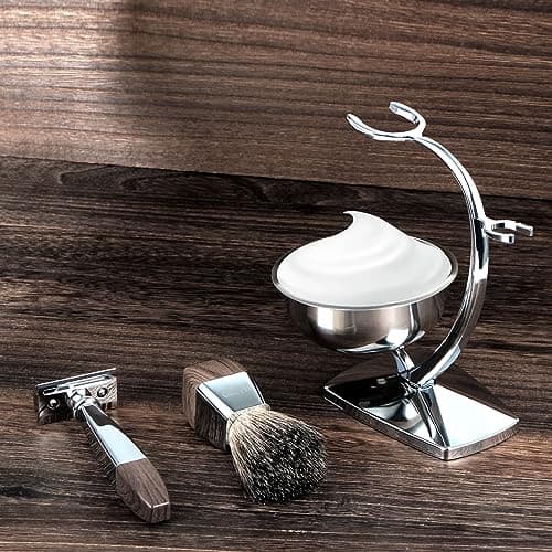 GRUTTI Ensemble de rasage, rasoir de luxe chromé et support de brosse avec bol de savon et brosse de rasage pour cheveux de blaireau et lame double tranchant compatible avec rasoir de sûreté