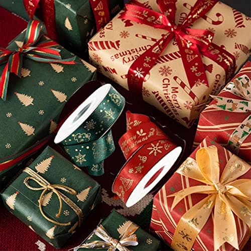 20 Yards Ruban Noel, 2 Rouleaux Ruban de Noel Vert/Rouge, Ruban Cadeau de Noël, 20mm de Large Avec Motif de Noël Pour Emballer Les Cadeaux de Noël (10 Yards/Rouleaux)
