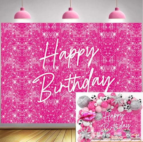 Toile de fond rose vif « Happy Birthday » à paillettes brillantes de 2,1 x 1,5 m pour photographie de filles et femmes, décoration de fête d'anniversaire pour filles et femmes, accessoires photo