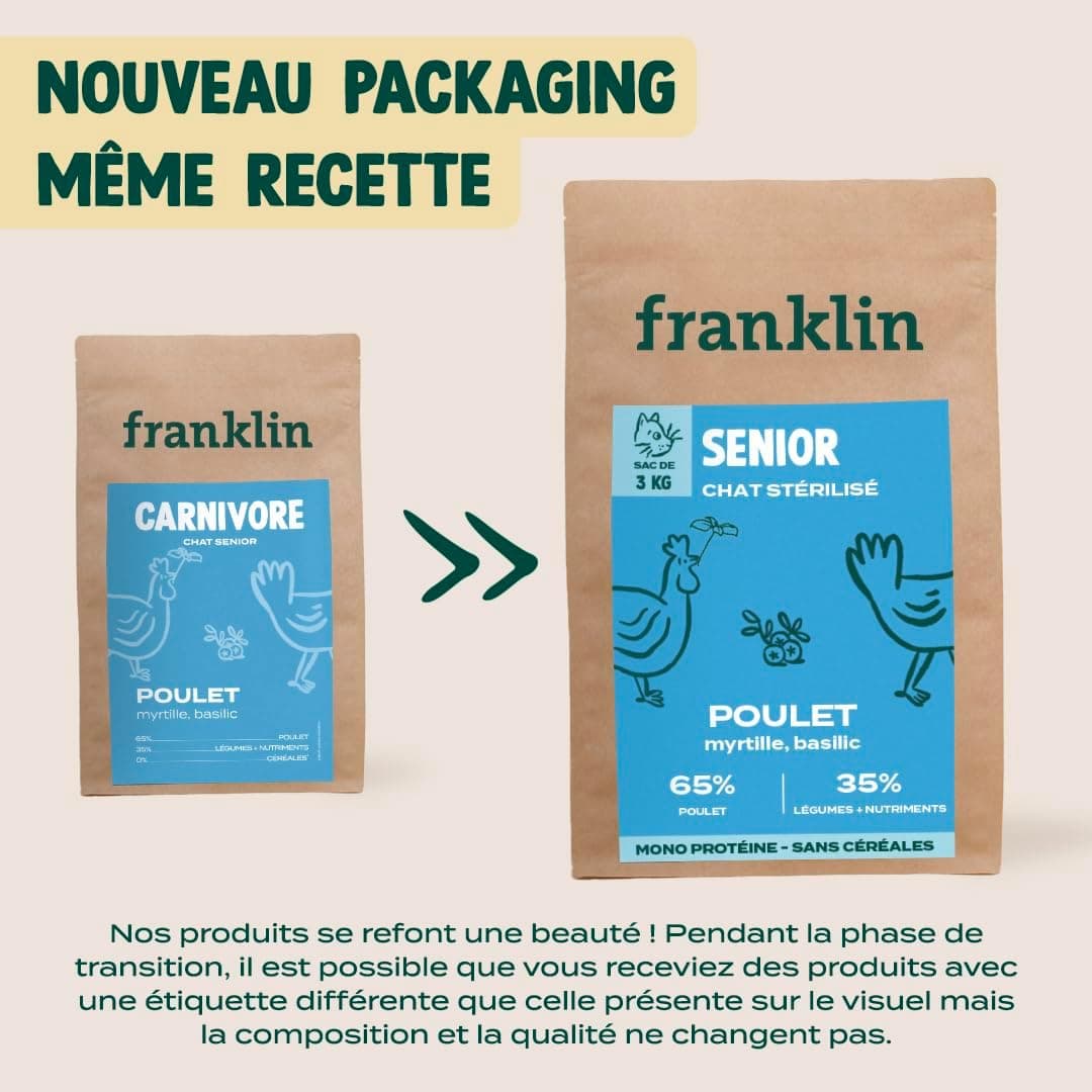 FRANKLIN – Croquettes Chat Senior – 65% de Poulet – 1 kg | Sans Céréales – Riche en Protéines – Soutien des Reins et Articulation – Digestion Facile – Taille 9mm – Fermeture Intégrée
