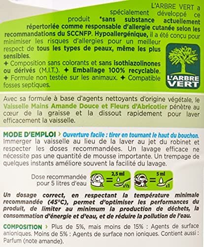 L'Arbre Vert Liquide Vaisselle Mains Amande Douce/Fleurs d'Abricotier Hypoallergénique, 750ml