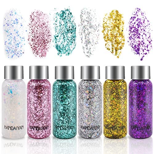 6 Bottle Paillettes Visage,Glitter Body Gel, Maquillage,Pour Corps, Mermaid Sequins Body Glitter,pour Festival Fête Noël Pâques Décoration (Blanc/Or/Argent/Rose/Vert/Violet)