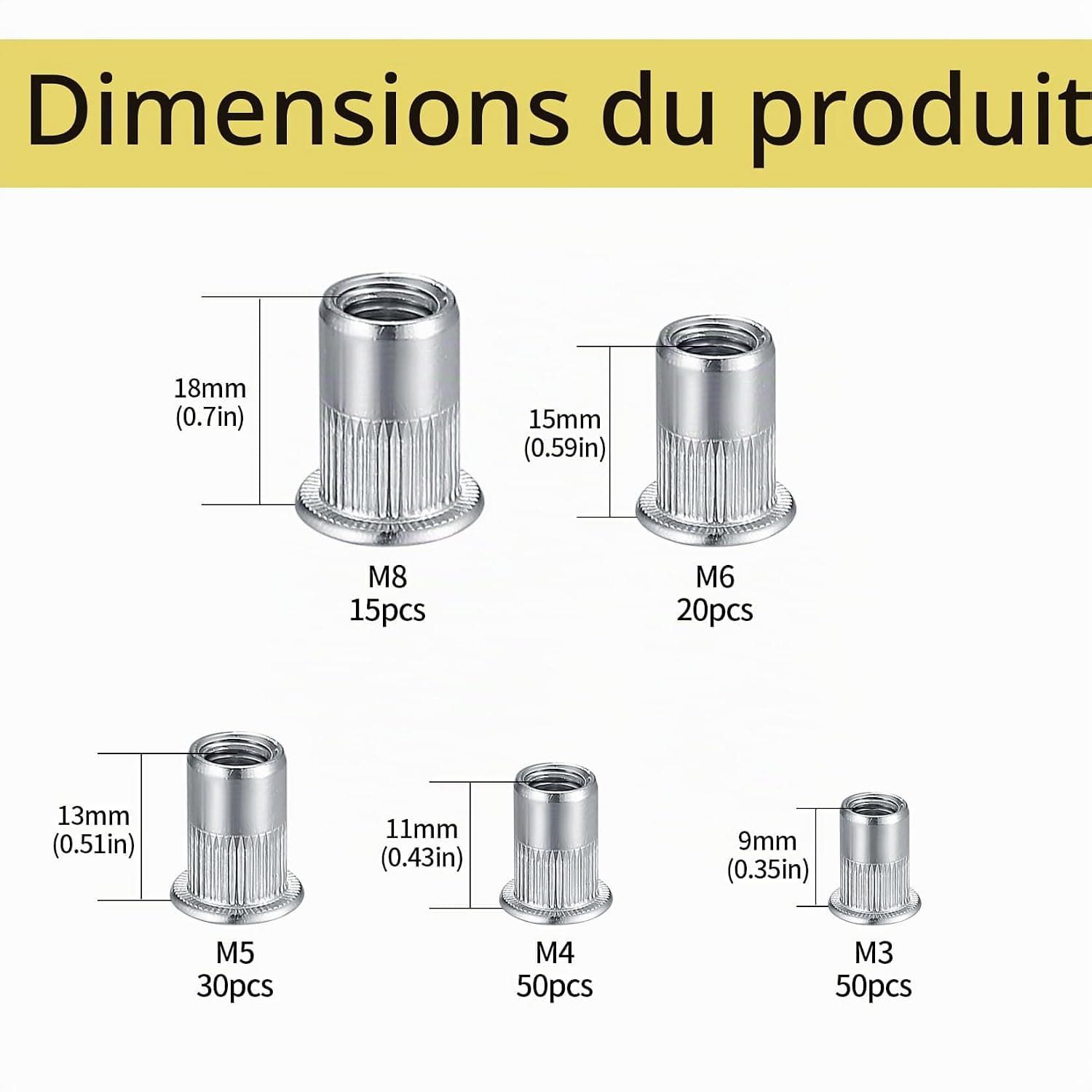 165 Pièces Écrou à Rivet, Écrous à Rivets, M3 M4 M5 M6 M8 Écrous Fileté à Tête Plate, Écrous à Riveter à Insert Fileté en Acier Inox, Inserts Filetés pour Métal, Bois, Aluminium