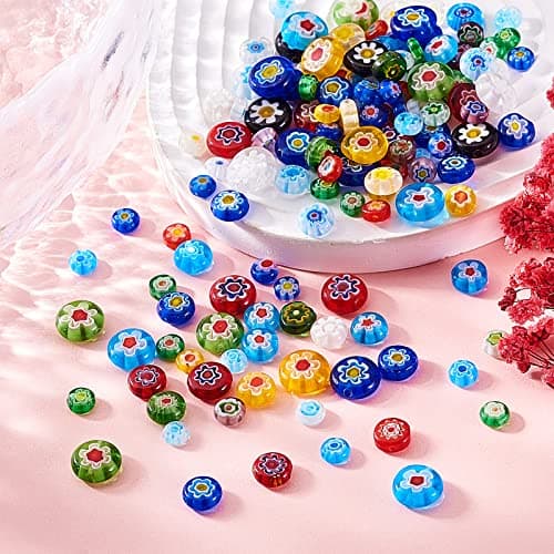 UR URLIFEHALL Lot de 140 perles en verre soufflé Millefiori rondes et plates - Motif floral - Perles d'espacement en vrac pour la fabrication de bijoux
