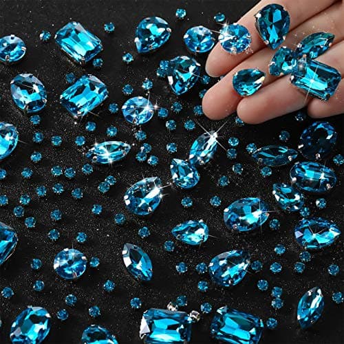 156 Pièces Strass en Verre de Couture Transparent Strass à Dos Plat Serti Griffes Métalliques Strass Cristal de Griffe à Coudre de Formes Mixtes pour Artisanat (Lac Bleu)