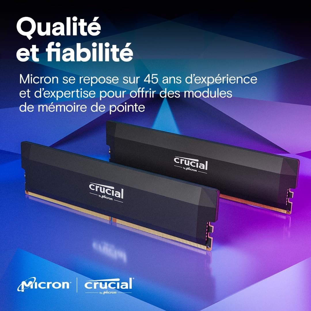 Crucial Pro RAM DDR5 64Go Kit (2x32Go) 6400MHz CL40, Overclocking Gaming, Intel XMP 3.0 / AMD Expo, PC Mémoire, Noir - CP2K32G64C40U5B
