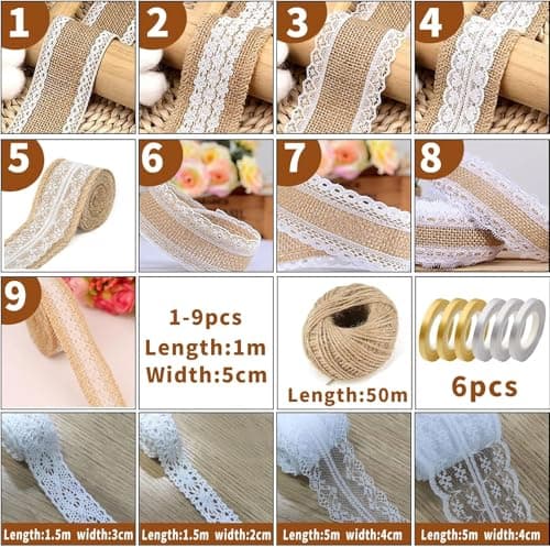 13 Pièces Ruban Dentelle, Toile Ruban Jute Natuelle, Uban Jute Dentelle Toile Ruban Toil Jute, Ruban de Jute Naturel, Ruban Cadeau Emballages,Ruban Dentel pour Cadeaux Bricolage Deco Mariage Champetre