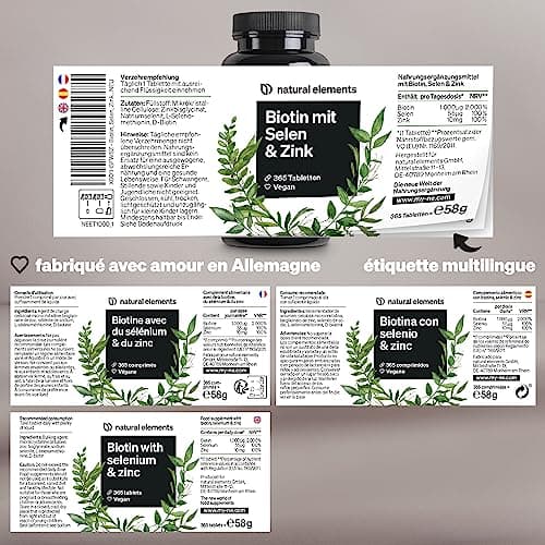 Biotine 1000 μg – Zinc 10mg avec Sélénium 55 μg – 365 Comprimés pour pousse cheveux (1 an d'approvisionnement) – Favorise la Repousse des Cheveux, la Peau et des Ongles – 100% Végétalien