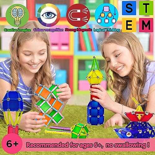 Jokooan Jouet de Construction Magnétiques, 174 Pcs Bâtons Magnétiques Jouet Aimanté Enfant STEM Jouets Éducatifs Intelligence et Ensemble d'Entraînement Cérébral pour Les Enfants