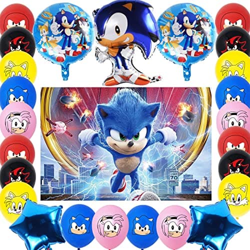 Forhome Sonic Décoration de Fête, 26 PCS Sonic Party Décorations Anniversaire Kit,sonic Photographie Décoration 150 * 100cm,Sonic The Hedgehog Ballon pour Enfants Décorations de Fête